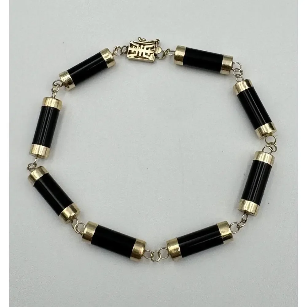Heng Ngai HN 14k Gold‎ Onyx Cylinder Link Box Clasp Bracelet Estate Jewelry